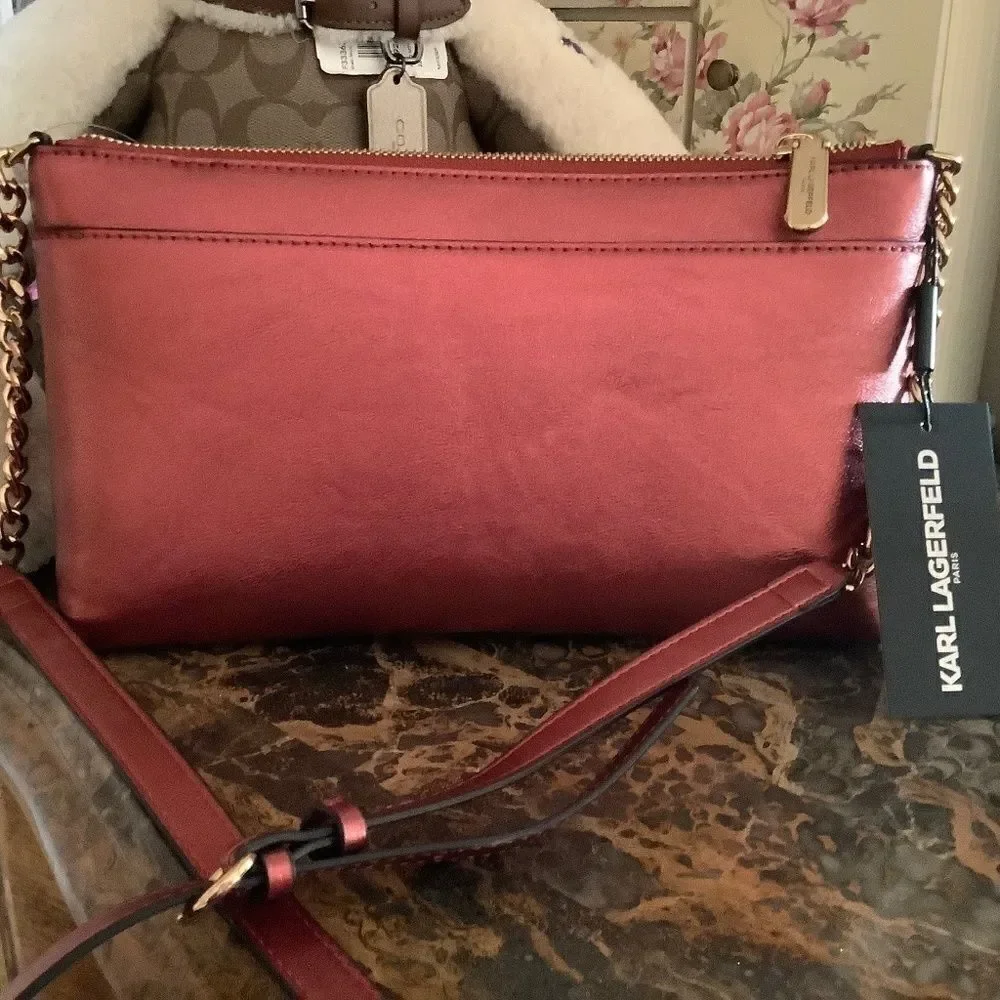 KARL LAGERFELD KAROLINA LIGHT METALLIC RED CRANBERRY CROSSBODY NEW WITH …